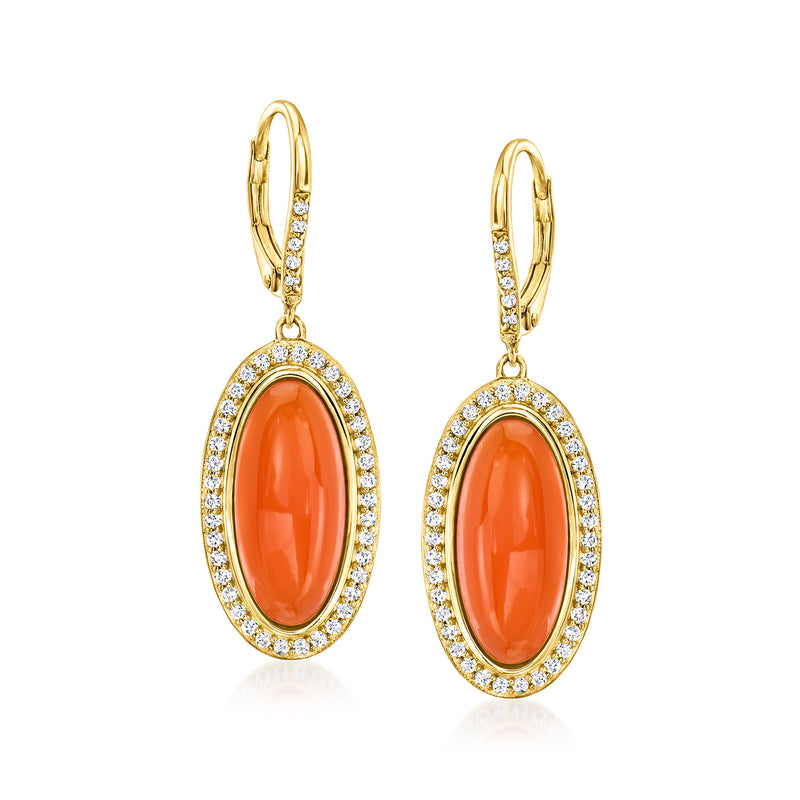 Gold over sterling oval leverback drop earrings, orange carnelian center with white topaz stones