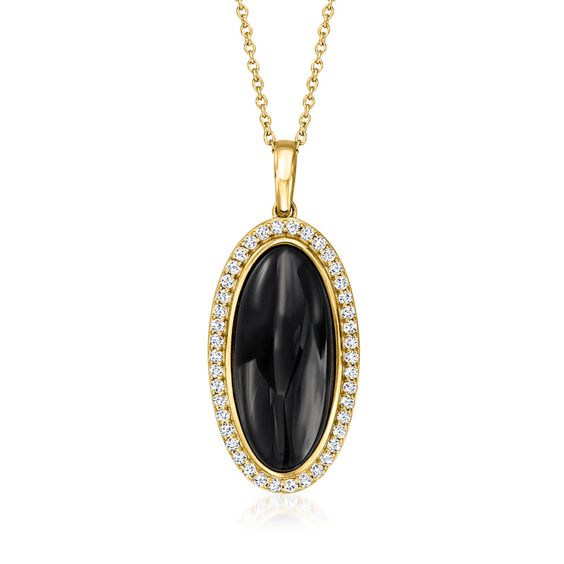 Gold-tone pendant necklace with oval black onyx and diamond-style halo, cable chain