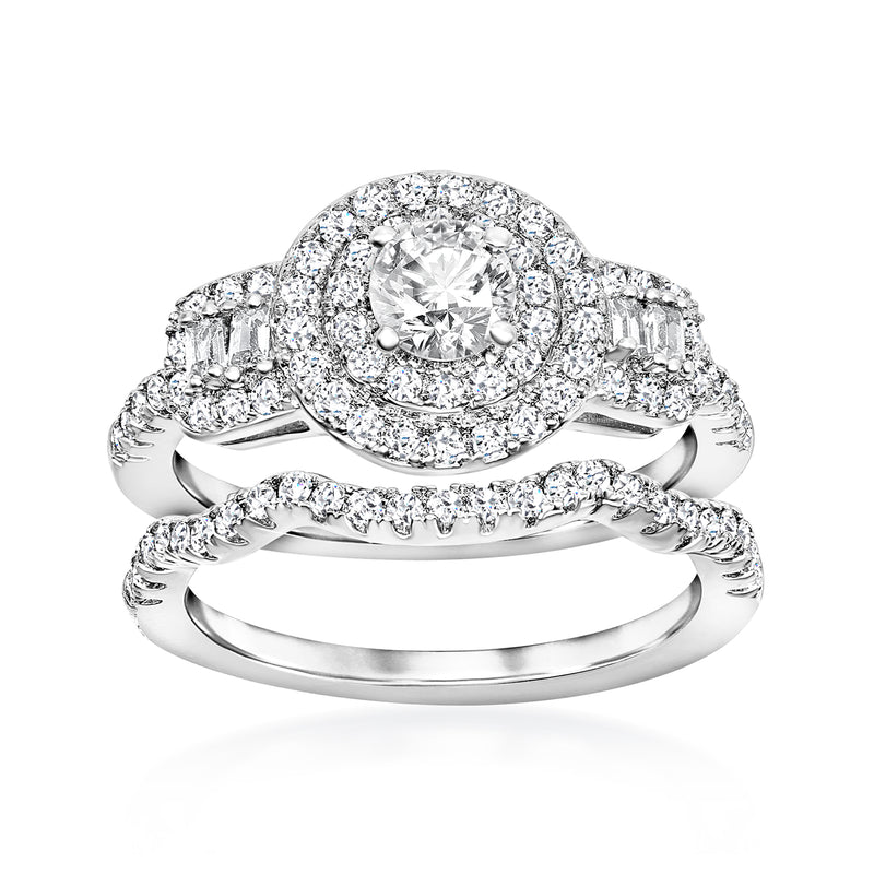 Sterling silver CZ bridal set with oval halo and baguette side stones