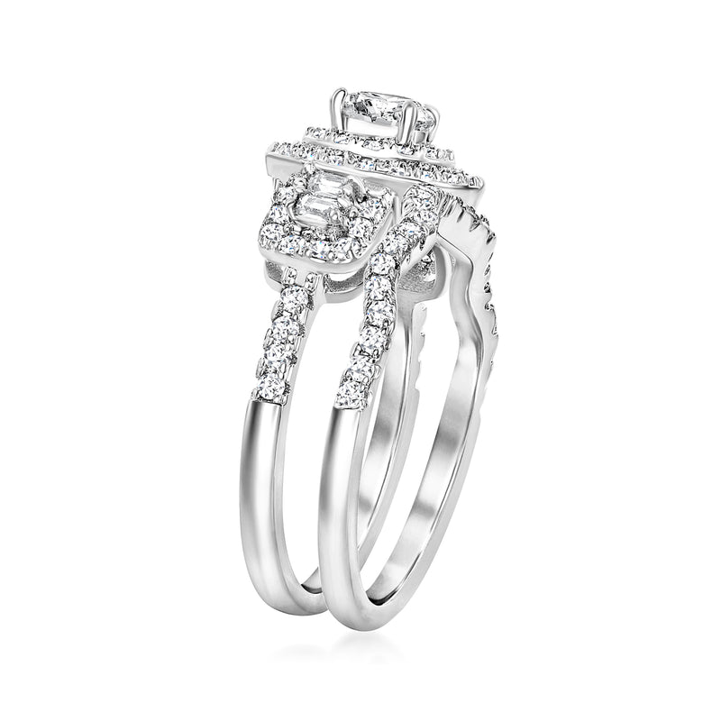 Sterling silver CZ bridal ring set with stacked bands and rectangular side stones