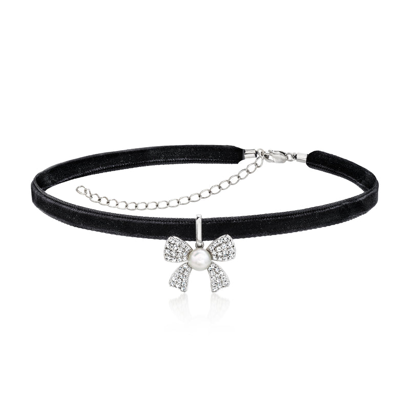 Black velvet choker necklace with bow pendant, white pearl center and silver topaz accents