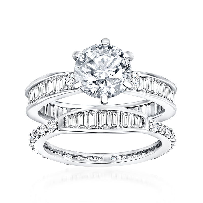 Sterling silver bridal ring set with round CZ center and baguette side stones