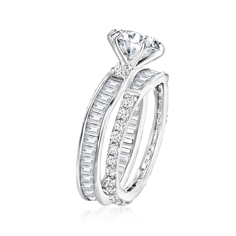 Sterling silver CZ engagement ring with round center and stacked baguette bands