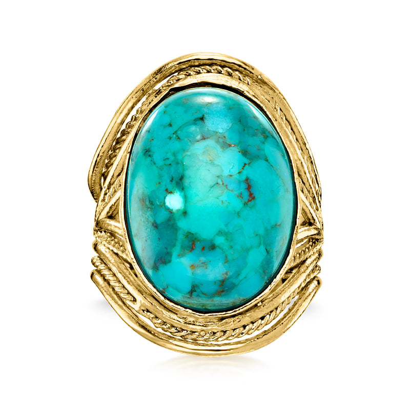 Oval turquoise cabochon ring in gold-toned setting, rope-textured band