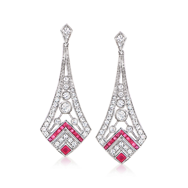 Platinum diamond and ruby drop earrings with pink square ruby accents, geometric teardrop