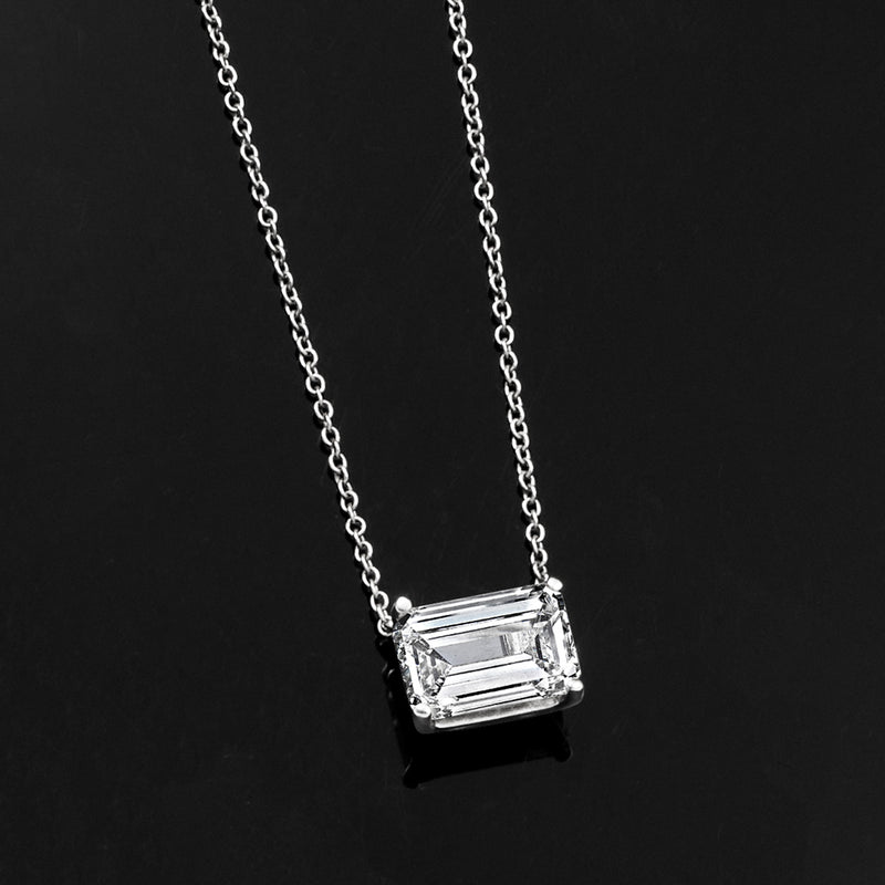 14kt white gold necklace pendant with emerald-cut lab-grown diamond on link chain