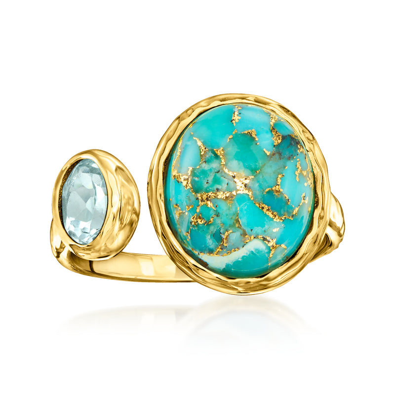 18kt gold over sterling ring with oval turquoise cabochon and sky-blue oval stone