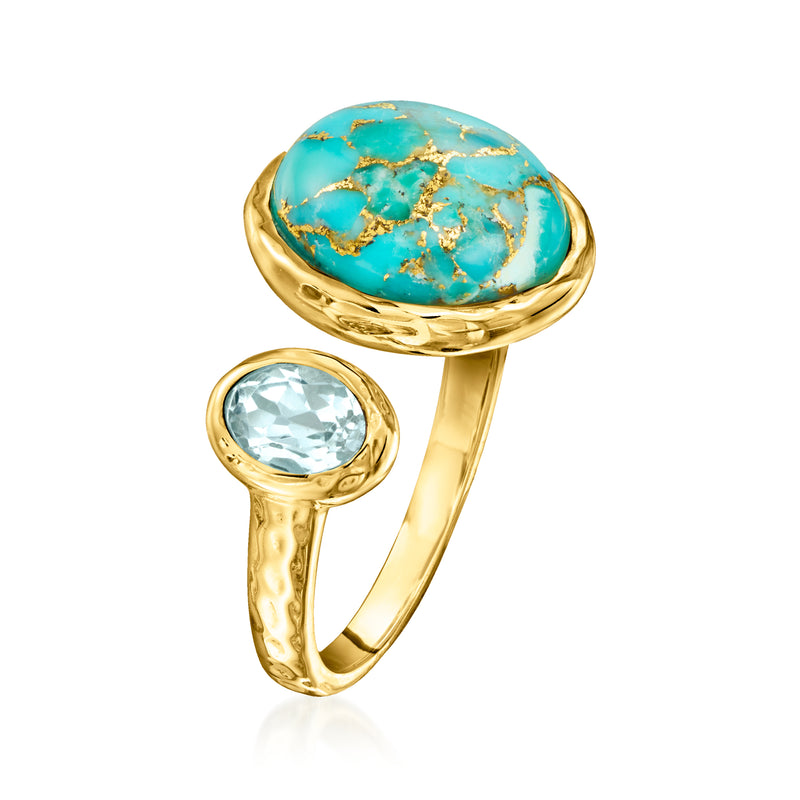 Gold ring featuring an oval turquoise cabochon with a sky-blue oval stone