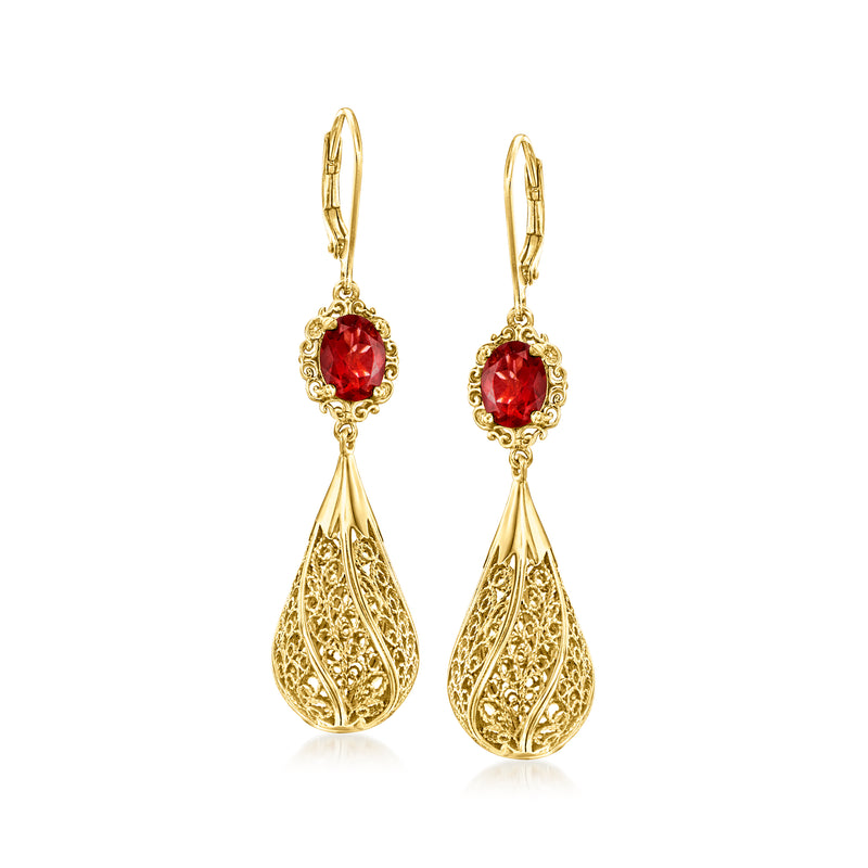 Garnet filigree drop earrings in gold-tone with red round top and teardrop dangles