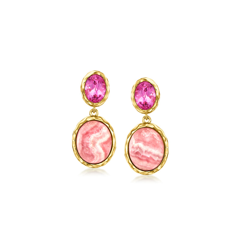 Pink gemstone drop earrings in gold-tone settings with oval top and larger lower stone.