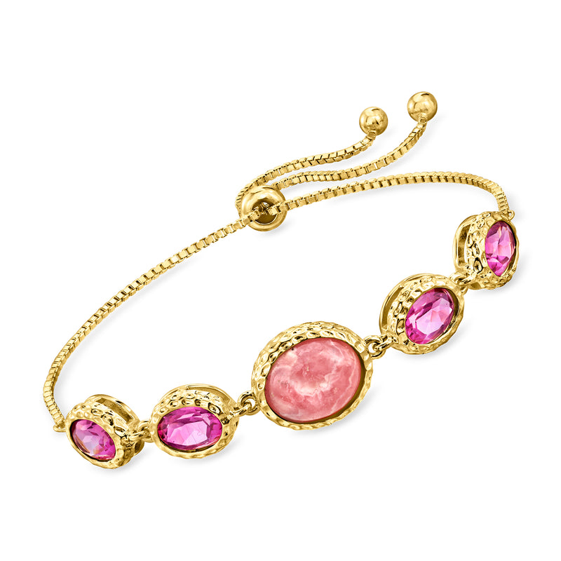 18kt gold bolo bracelet with oval pink rhodochrosite and pink gemstone accents