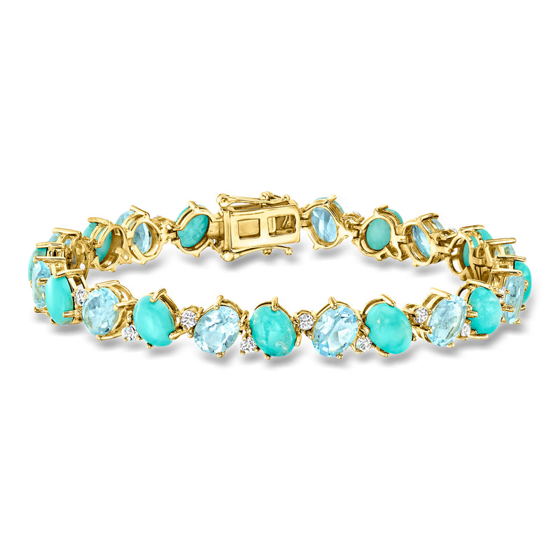 Gold bracelet with turquoise and sky-blue topaz stones and small white accents