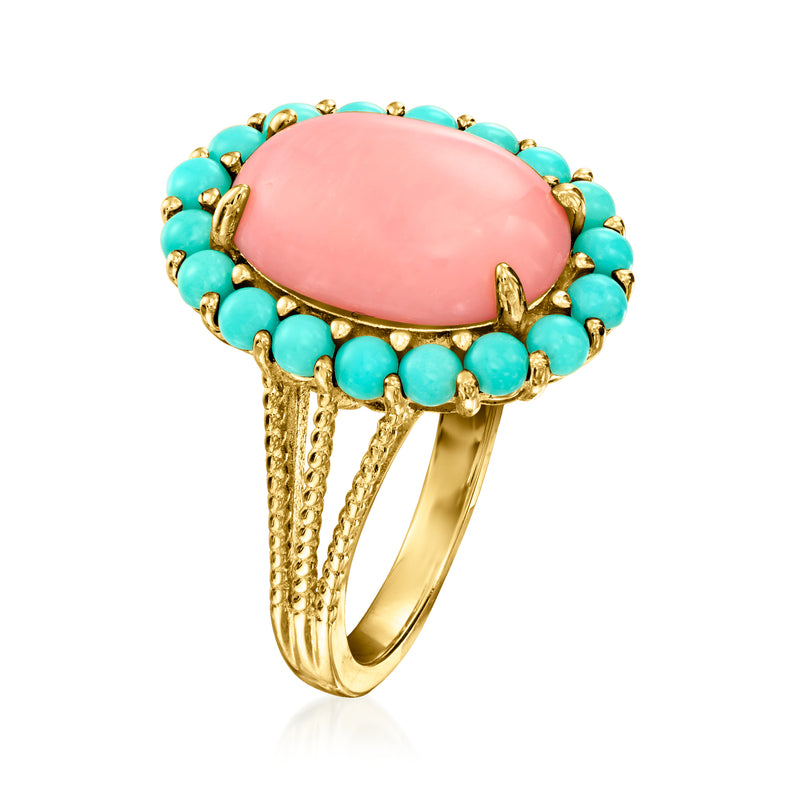 Pink oval gemstone ring with turquoise bead halo, openwork gold band