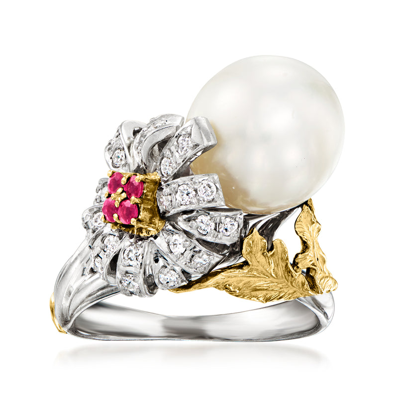 Cultured South Sea pearl flower ring with pink ruby center, diamond accents, gold leaves
