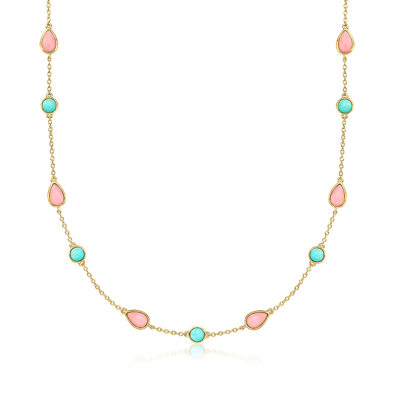 Gold-tone necklace with pink coral and turquoise teardrop beads, fine chain