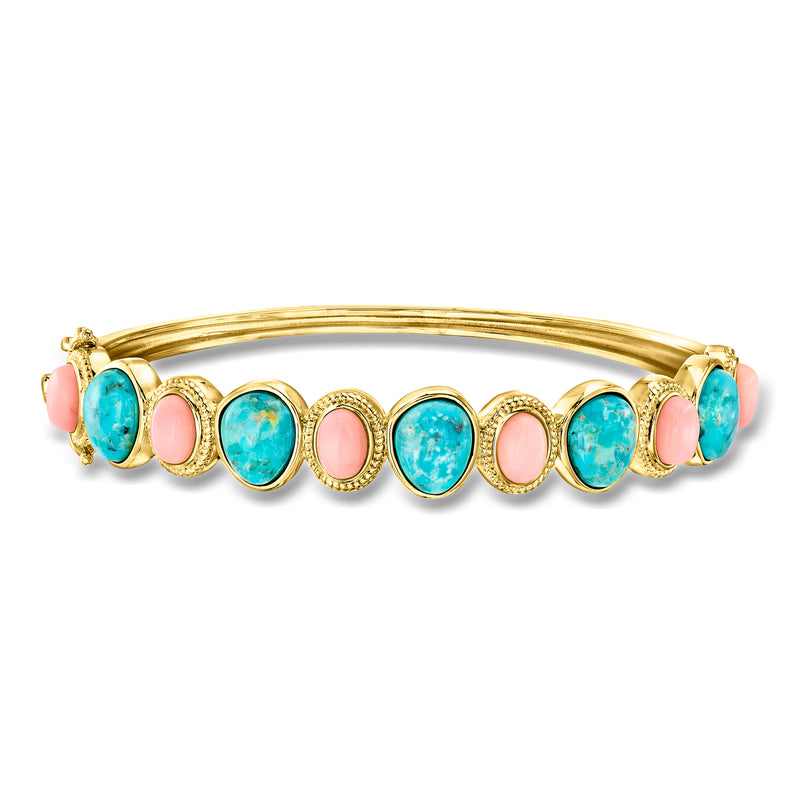 Gold over sterling bangle bracelet with turquoise and pink oval stones