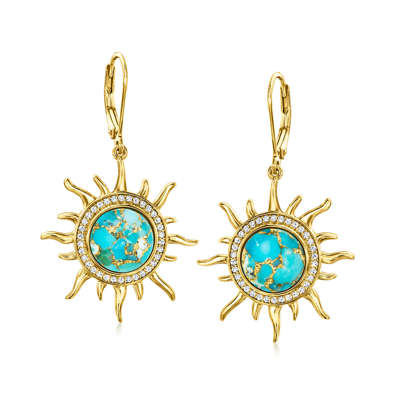 Gold leverback sun-drop earrings with turquoise round centerpiece and halo of white stones
