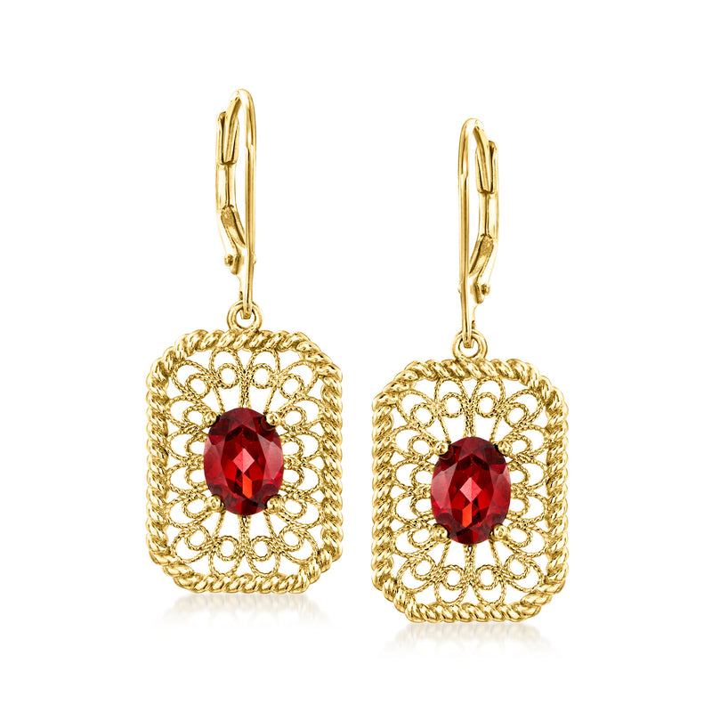 Gold filigree drop earrings with red garnet leverback