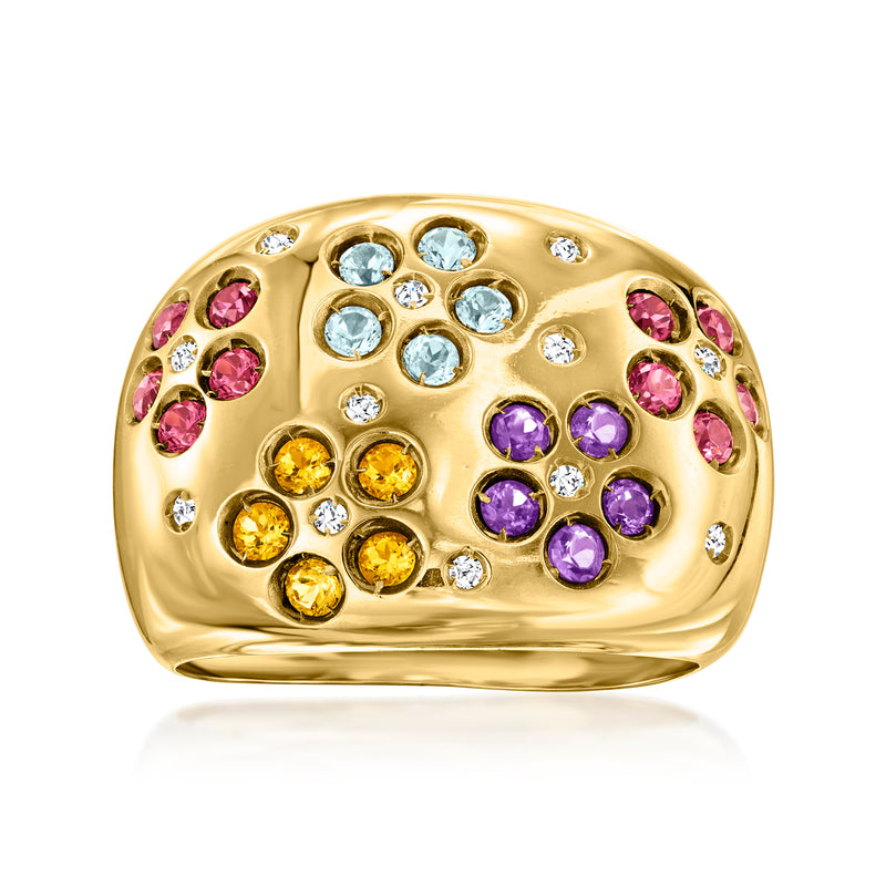 18k yellow gold flower ring with blue, purple, pink, yellow gemstones and diamonds
