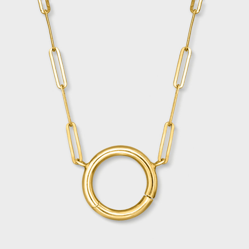 14kt yellow gold paper clip link necklace with circular ring pendant, front view