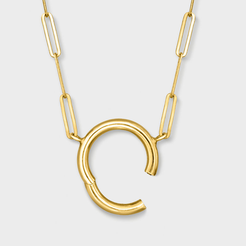 14kt yellow gold paper clip link necklace with curved C-shaped charm
