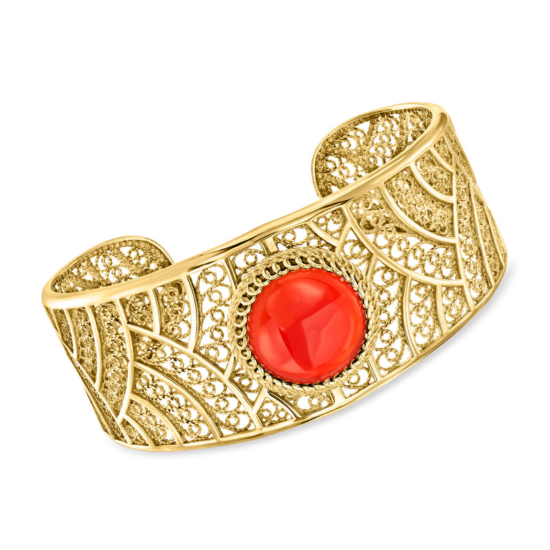 18kt gold-over-sterling filigree cuff bracelet with red carnelian cabochon