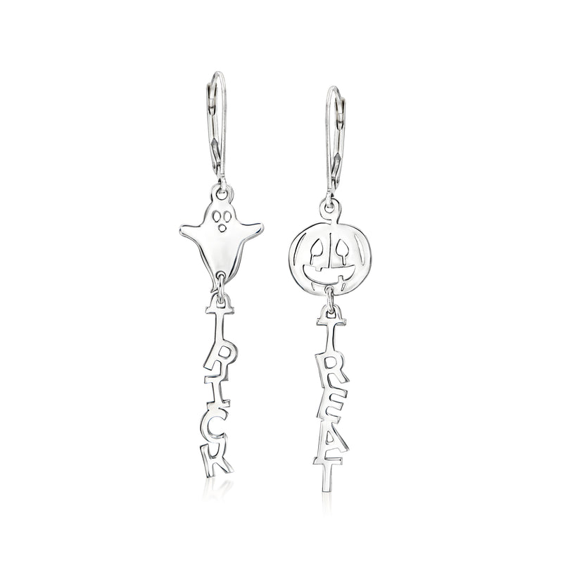 Sterling silver mismatched drop earrings with leverback; ghost and jack-o'-lantern charms