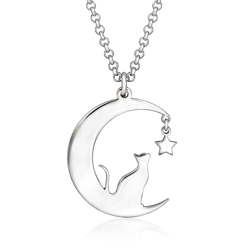 Sterling silver cat, crescent moon and star pendant necklace with link chain