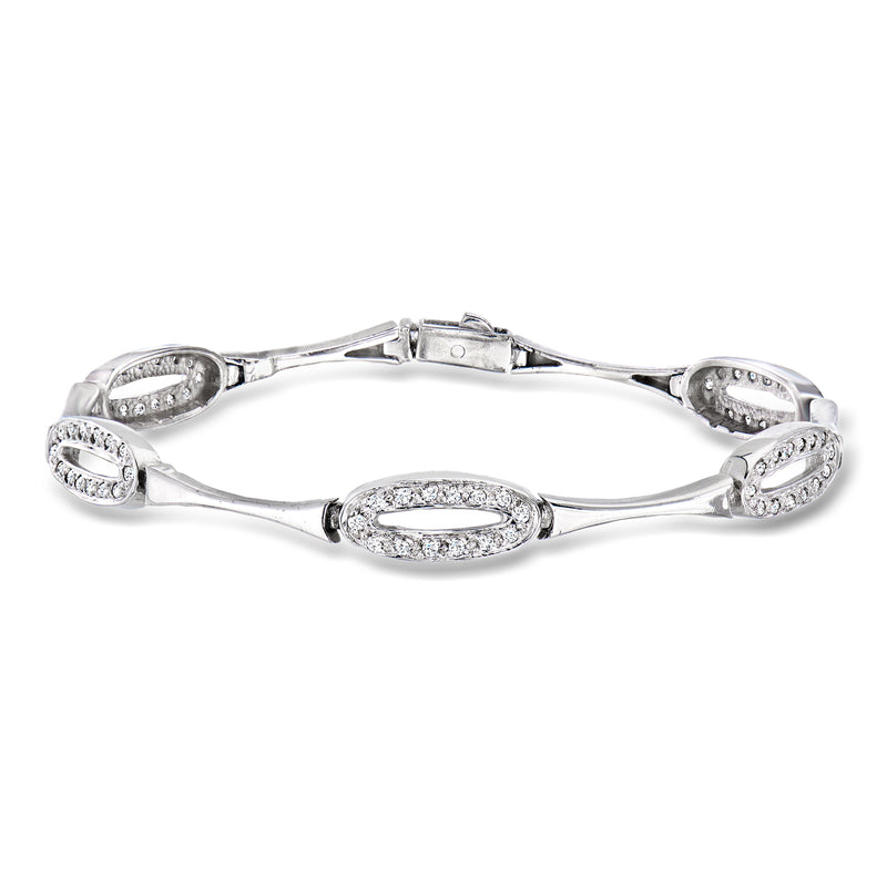 14kt white gold oval-link diamond bracelet with oval pave accents and hinged clasp
