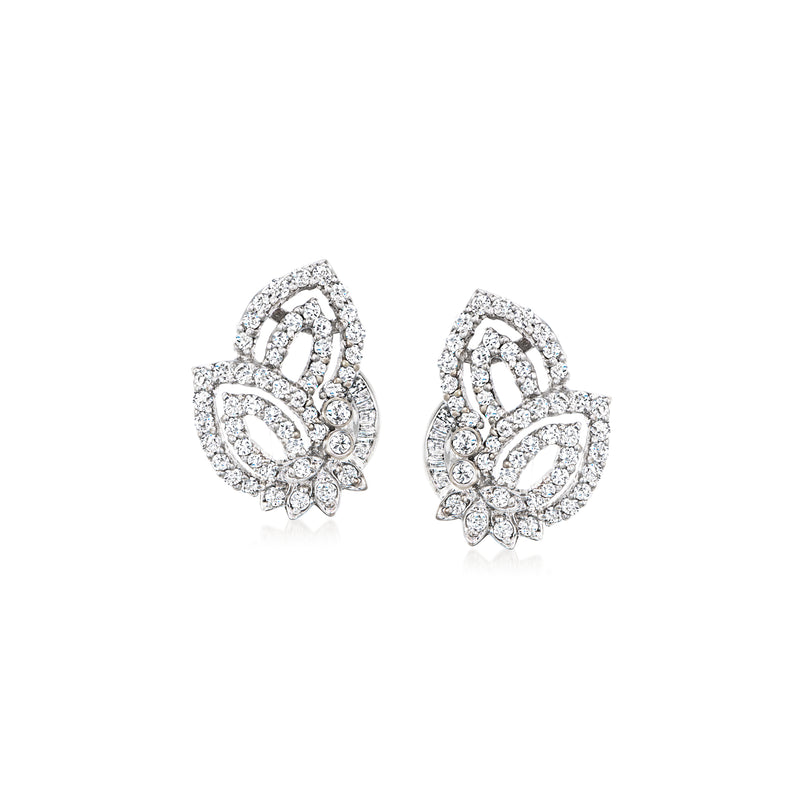 Diamond floral earrings in 14kt white gold, ornate cluster stud with leaf detail