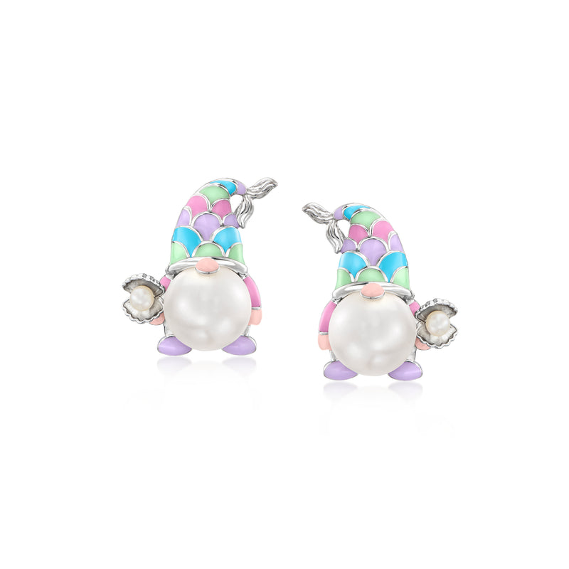 Sterling silver gnome mermaid post earrings with white cultured pearl and multicolor enamel