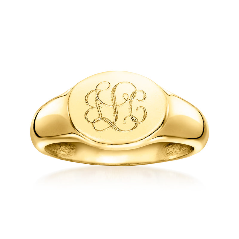 Personalized oval signet ring, gold-tone with engraved monogram on front face