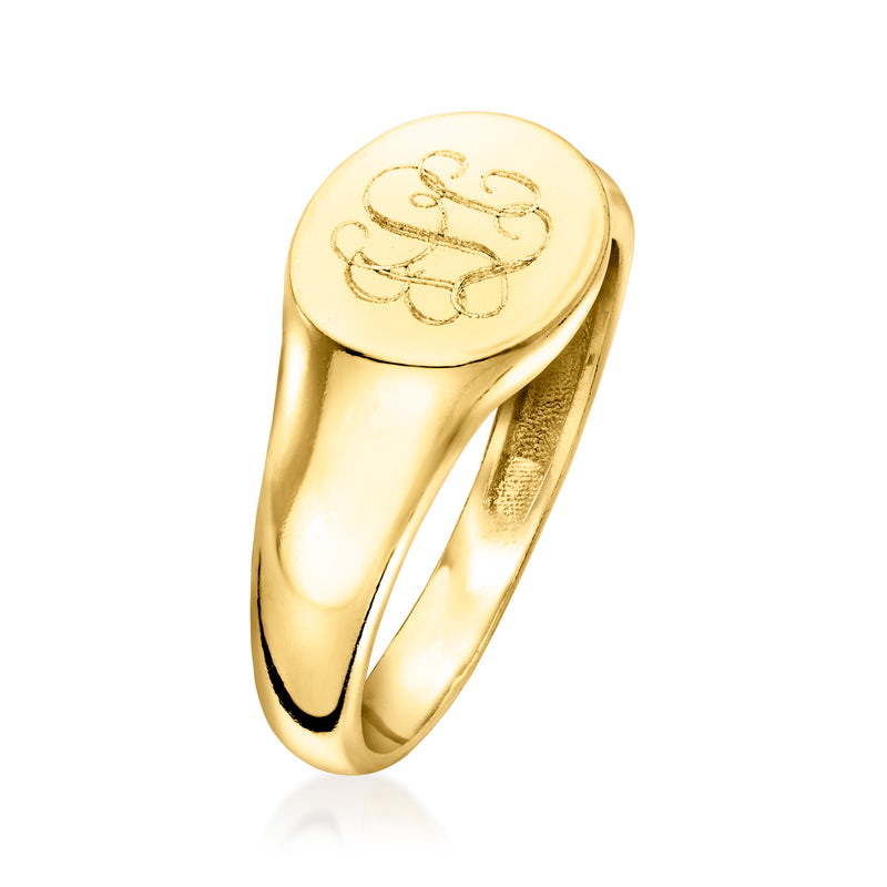 Personalized oval signet ring, gold-tone with engraved monogram on top; side view
