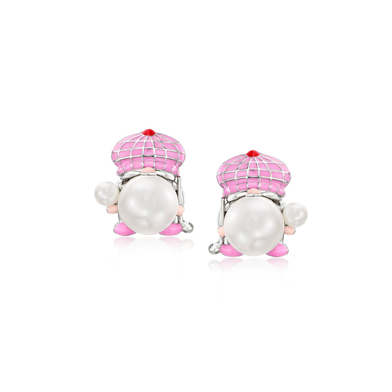 Sterling silver post earrings with pink enamel golfer gnome, cultured pearl details