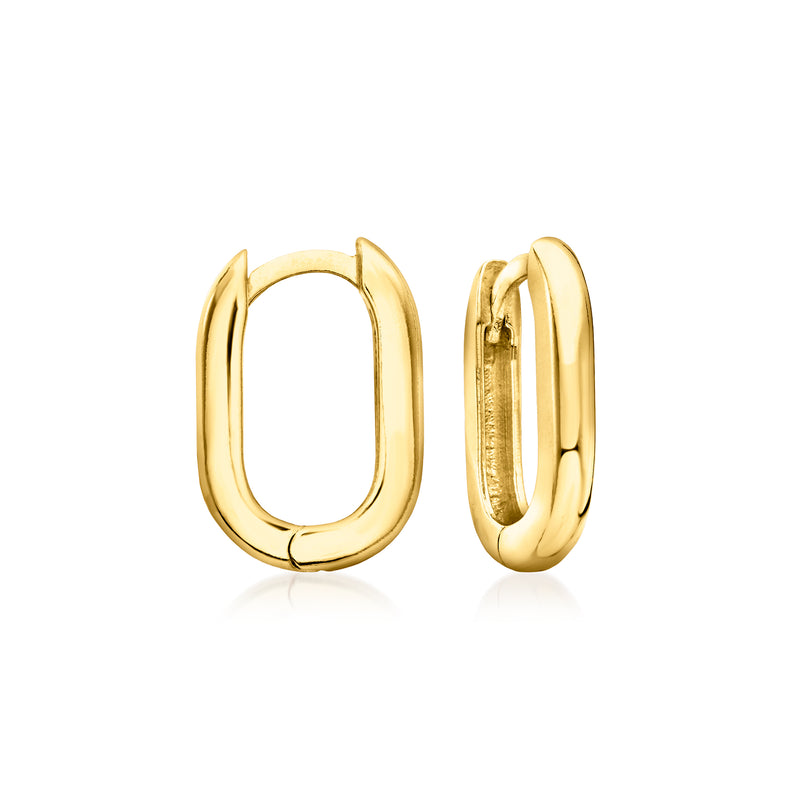 Gold oval huggie hoop earrings with smooth clasped edges, front view