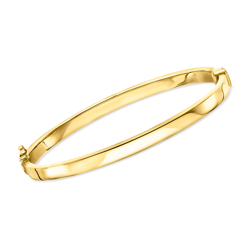 Polished gold-tone bangle bracelet with hinge clasp, smooth rounded profile
