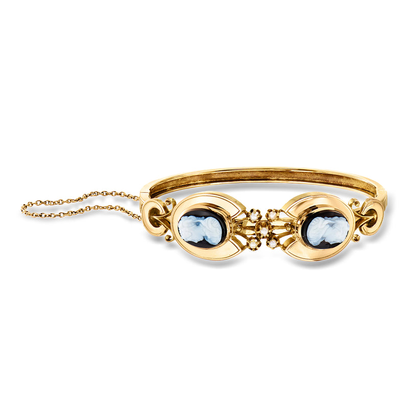 14kt yellow gold bangle bracelet with oval cameo-style blue stones and pearl accents