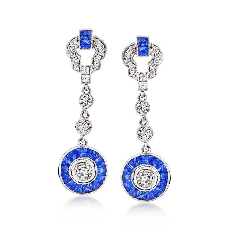 White gold sapphire and diamond drop earrings with blue square tops and round drops