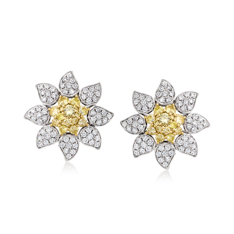 Two-tone gold diamond flower earrings with yellow center and white stone petals