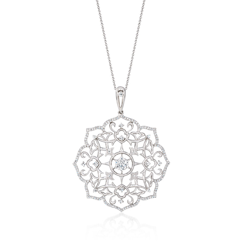 White gold diamond floral openwork pendant necklace with round center stones on chain
