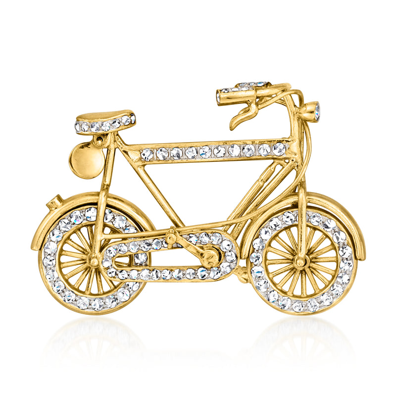 18k yellow gold bicycle pin with clear diamond-like stones on spokes and frame