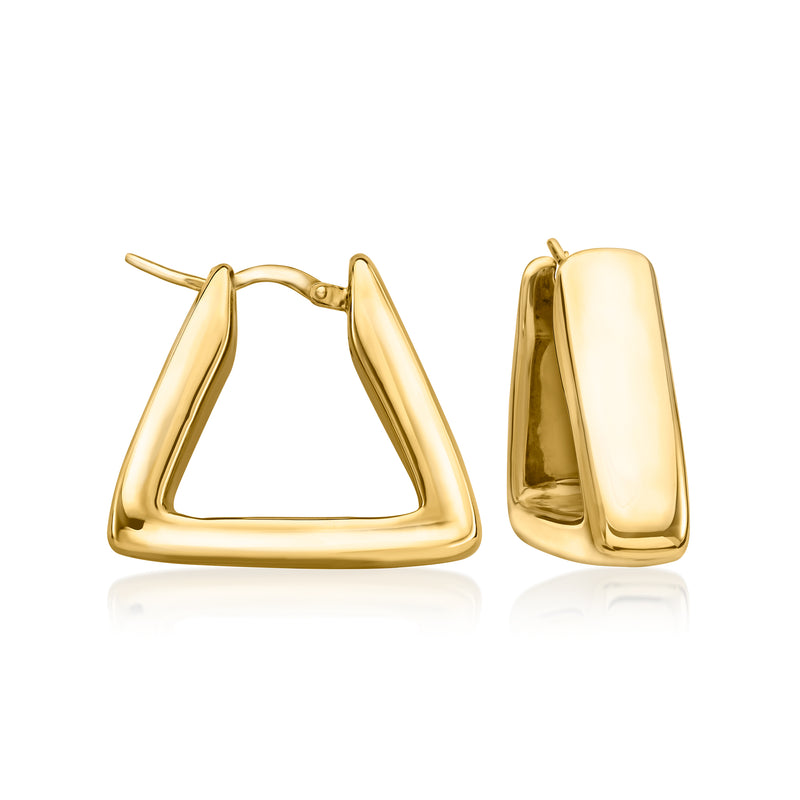 Gold triangular hoop earrings with hinged clasp, polished finish