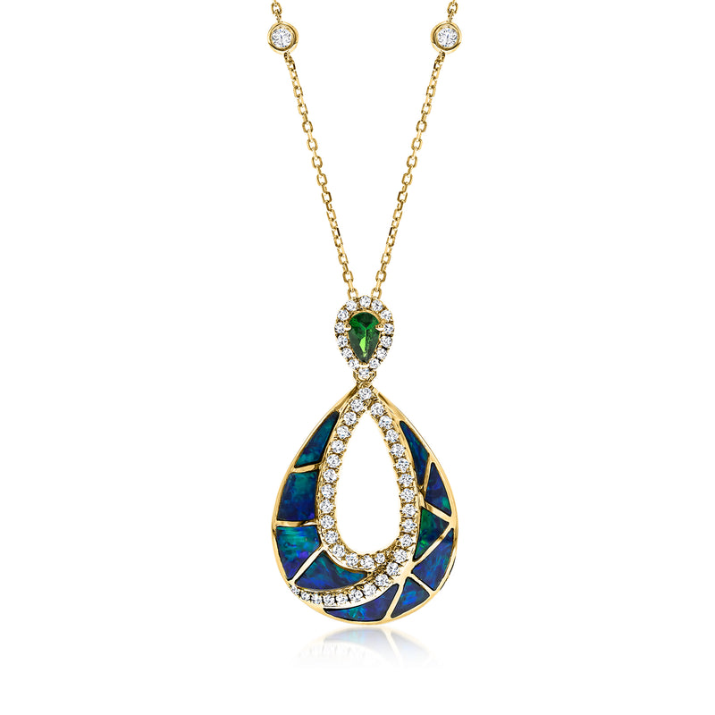 14kt yellow gold teardrop pendant necklace with green-blue opal and diamond accents