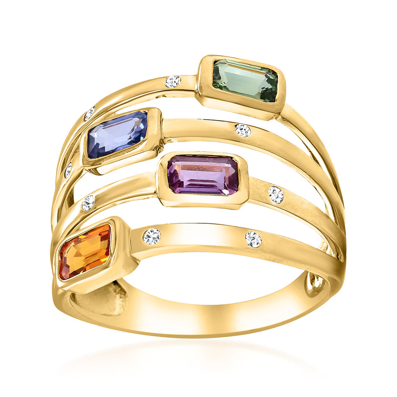 14kt yellow gold multi-row ring with square sapphires and small round diamond accents