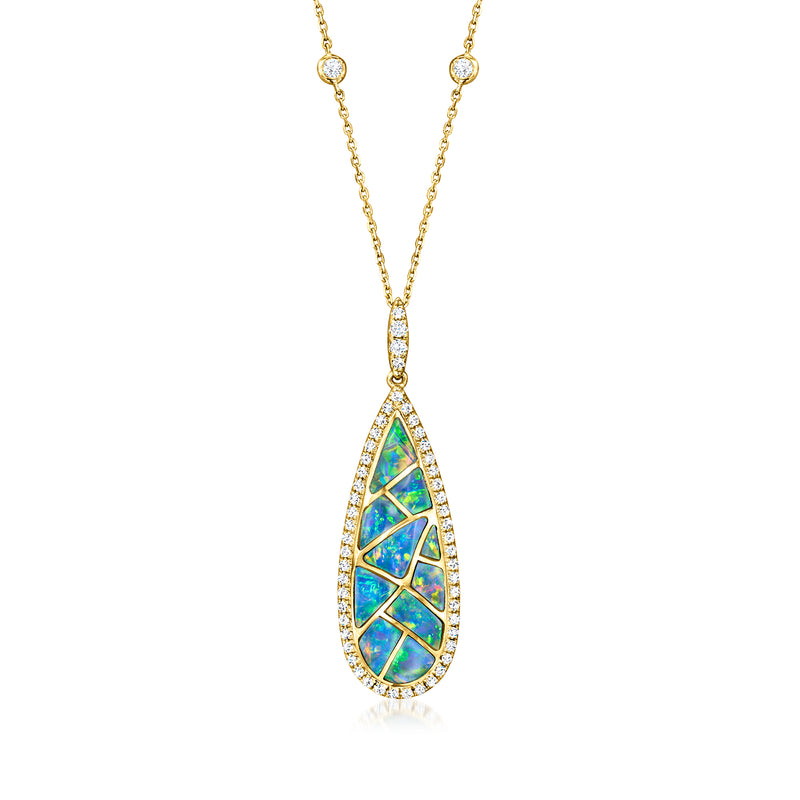 14kt yellow gold opal teardrop pendant with diamond accents and cable chain