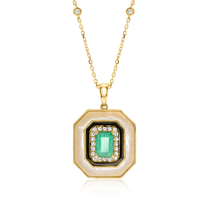 14kt yellow gold pendant necklace with octagonal emerald and diamond halo, onyx and MOP