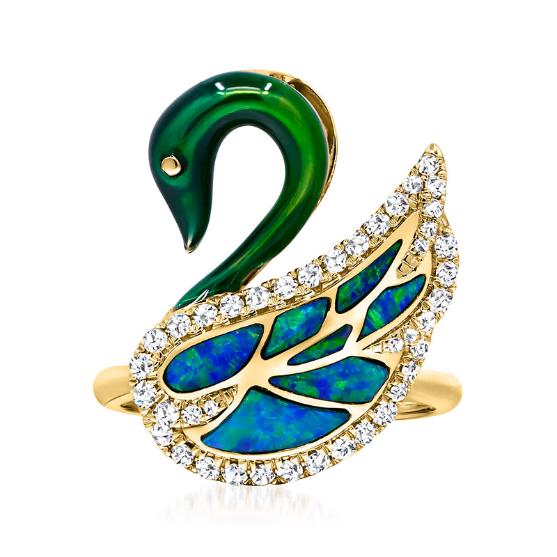 Swan ring in 14kt yellow gold with green enamel, black opal inlay, and diamond accents