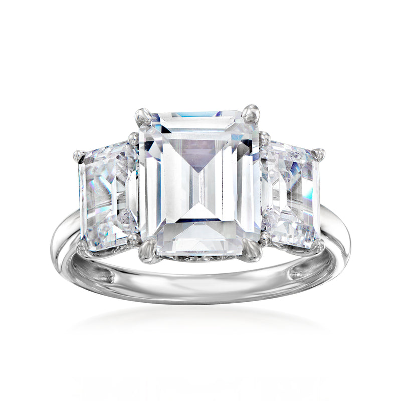 Sterling silver emerald-cut CZ ring with large clear center stone and four side stones