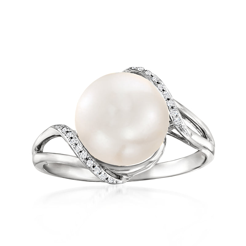 Cultured pearl wave ring with round pearl, diamond accents, and white gold band