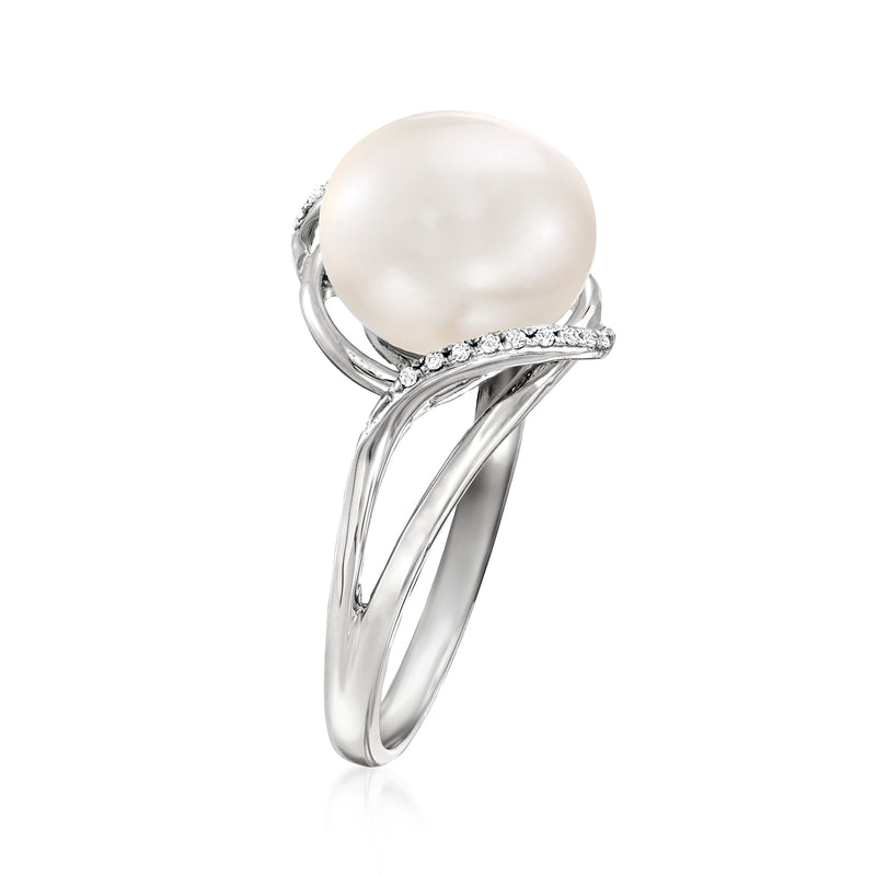 Cultured pearl ring with bezel-set pearl, diamond wave details, white gold band